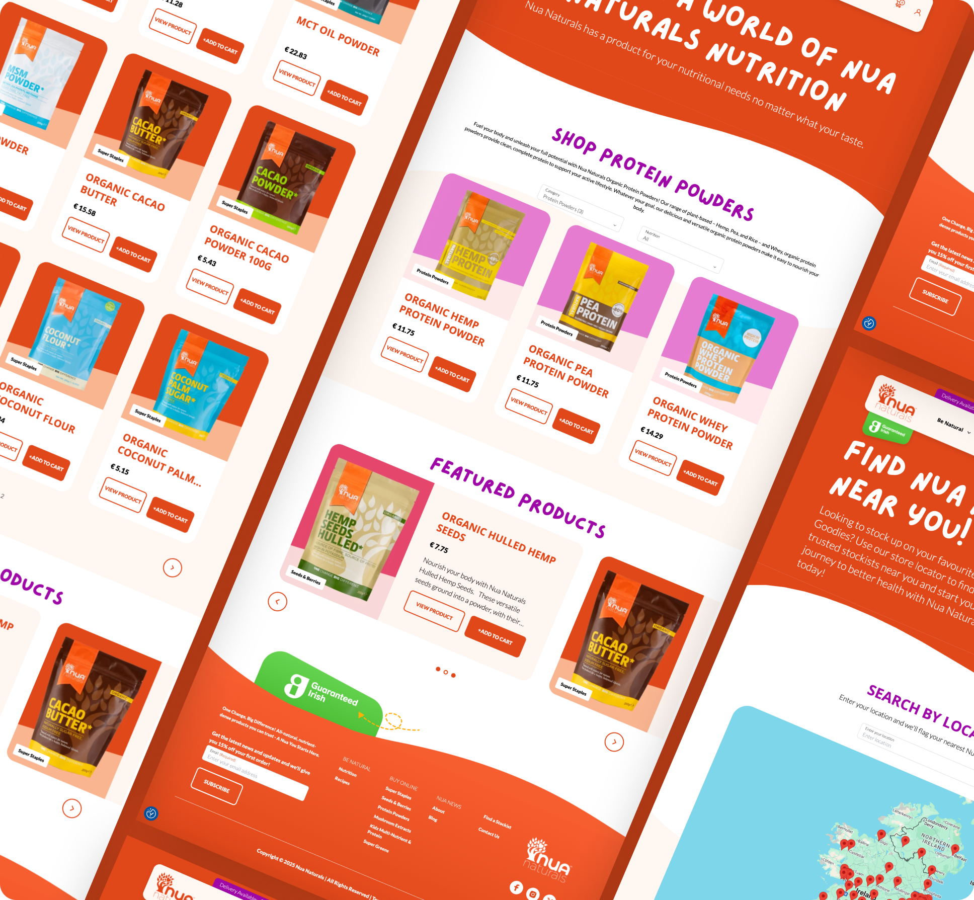 Images of a clean, minimalist e-commerce website homepage design with featured product images and prominent 