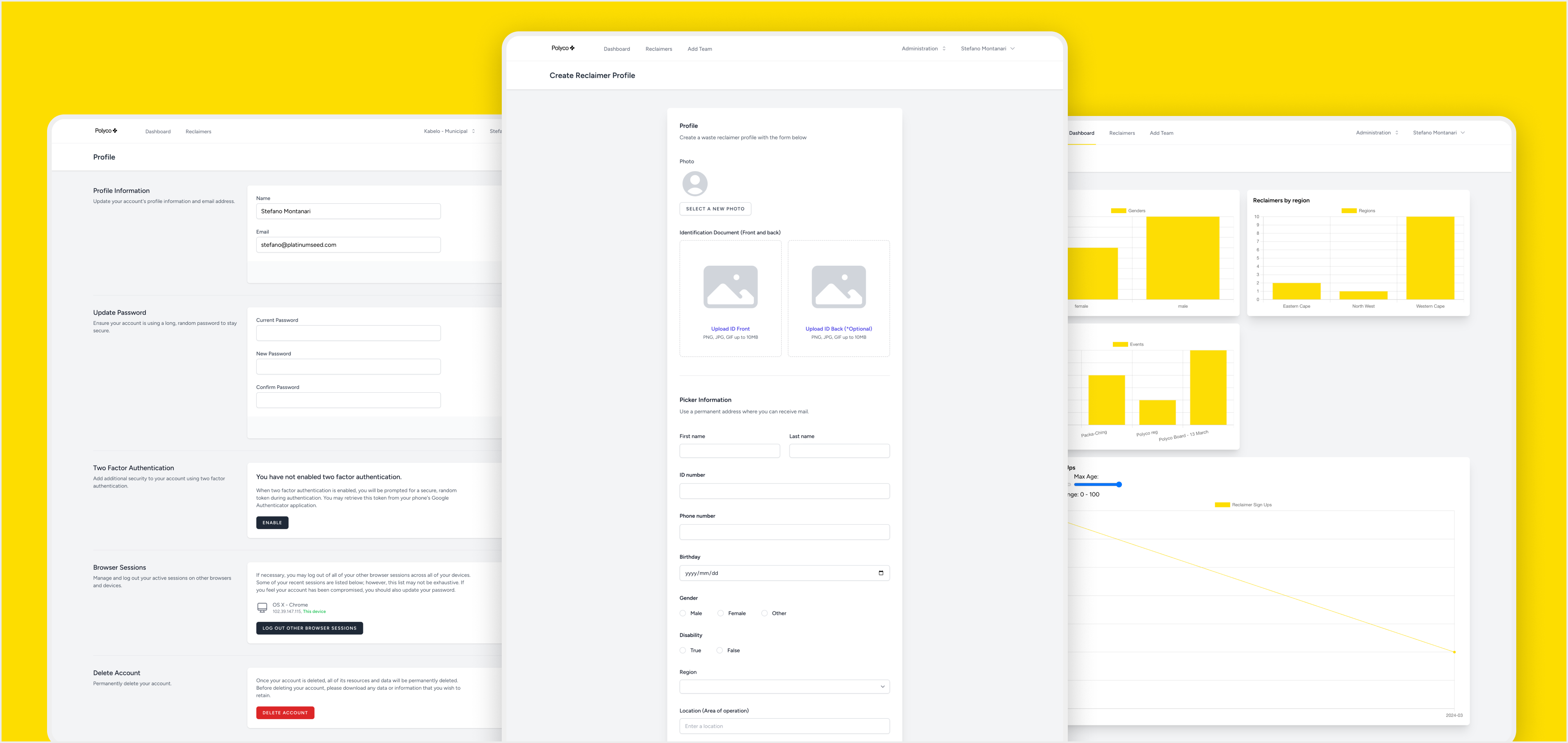 Custom web application interface showcasing data collection dashboards, user profile management, and real-time input tools.
