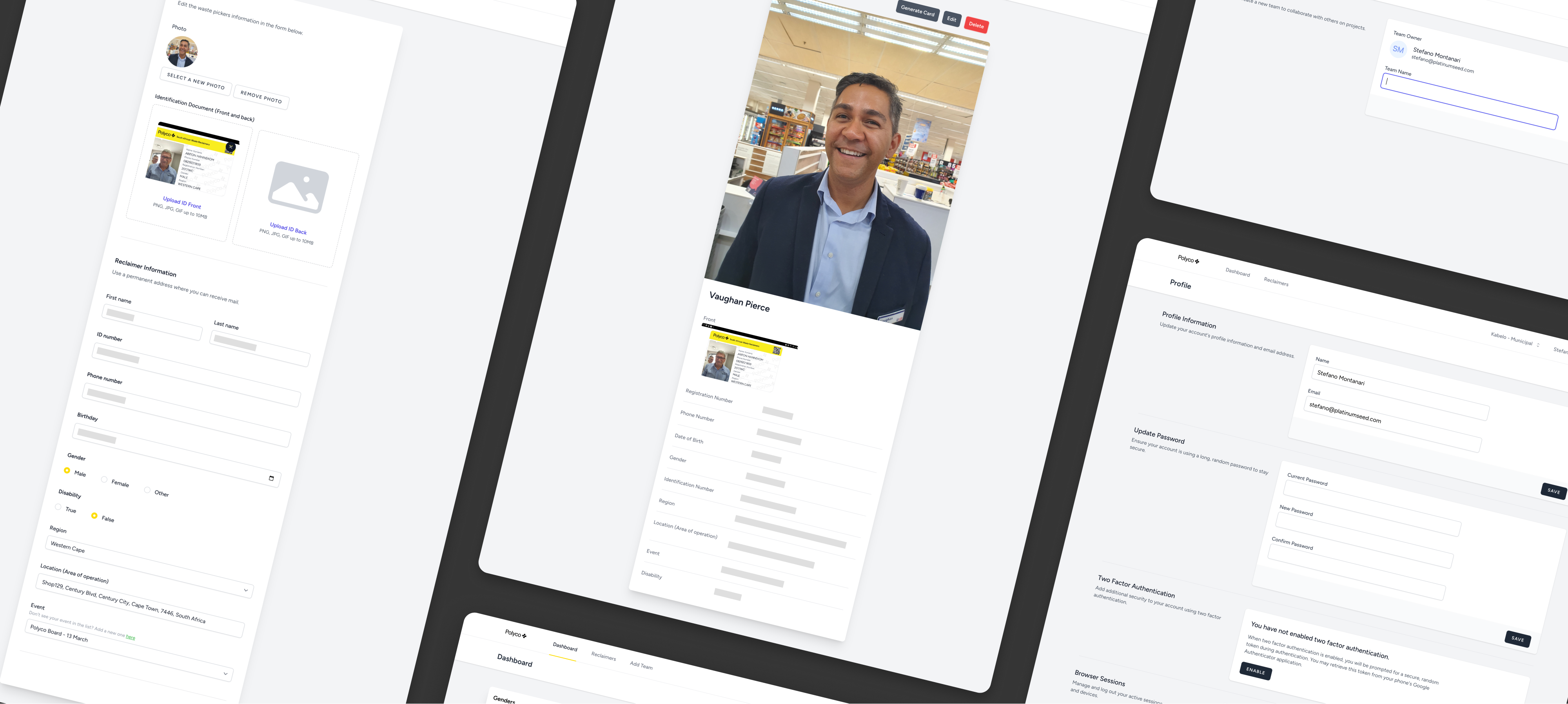 Web app dashboards and member profile screens for data collection.