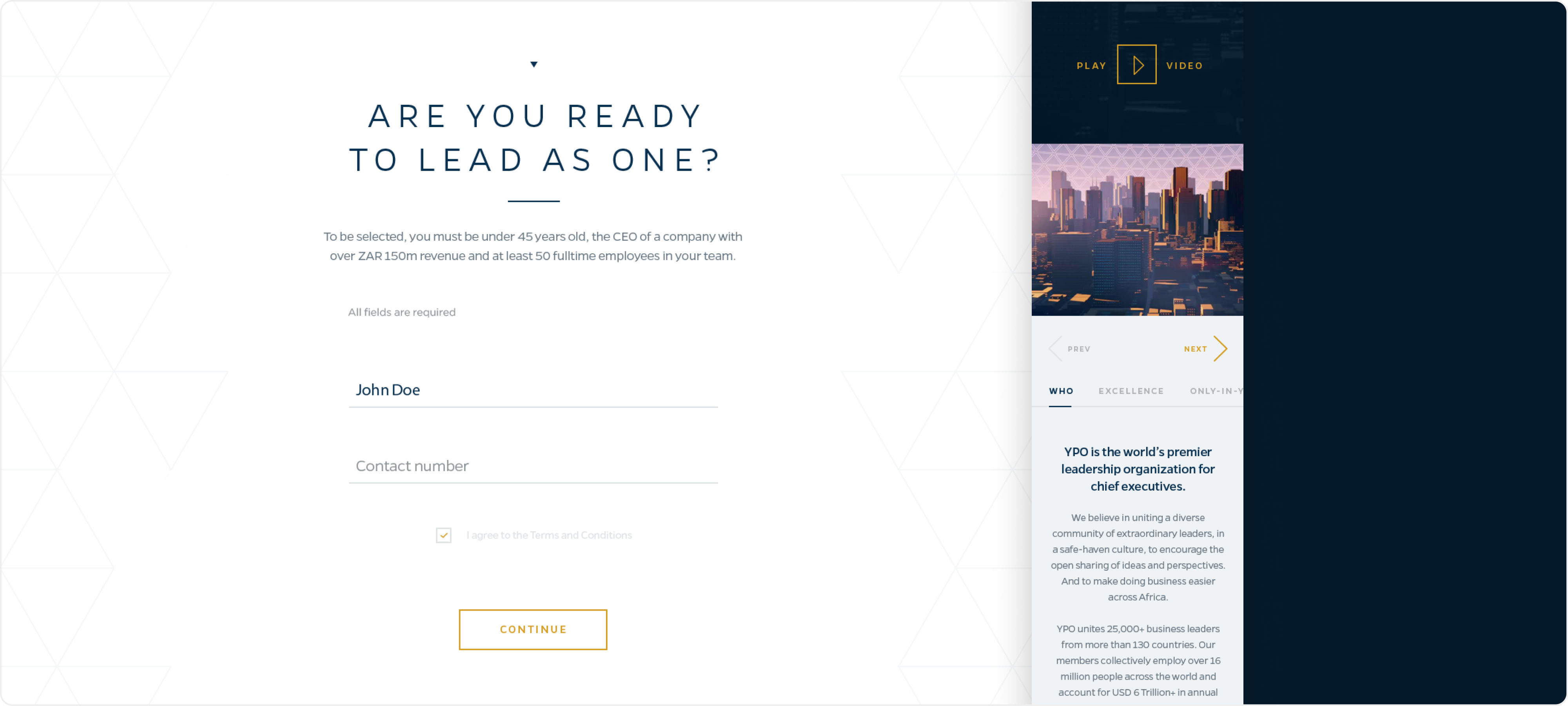 Signup to the marketing microsite illustrating navigation, layout, and interactive features for future leaders.