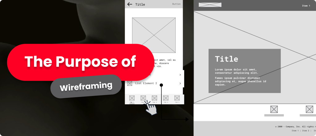 Wireframe mockups with copy "The purpose of wireframing".